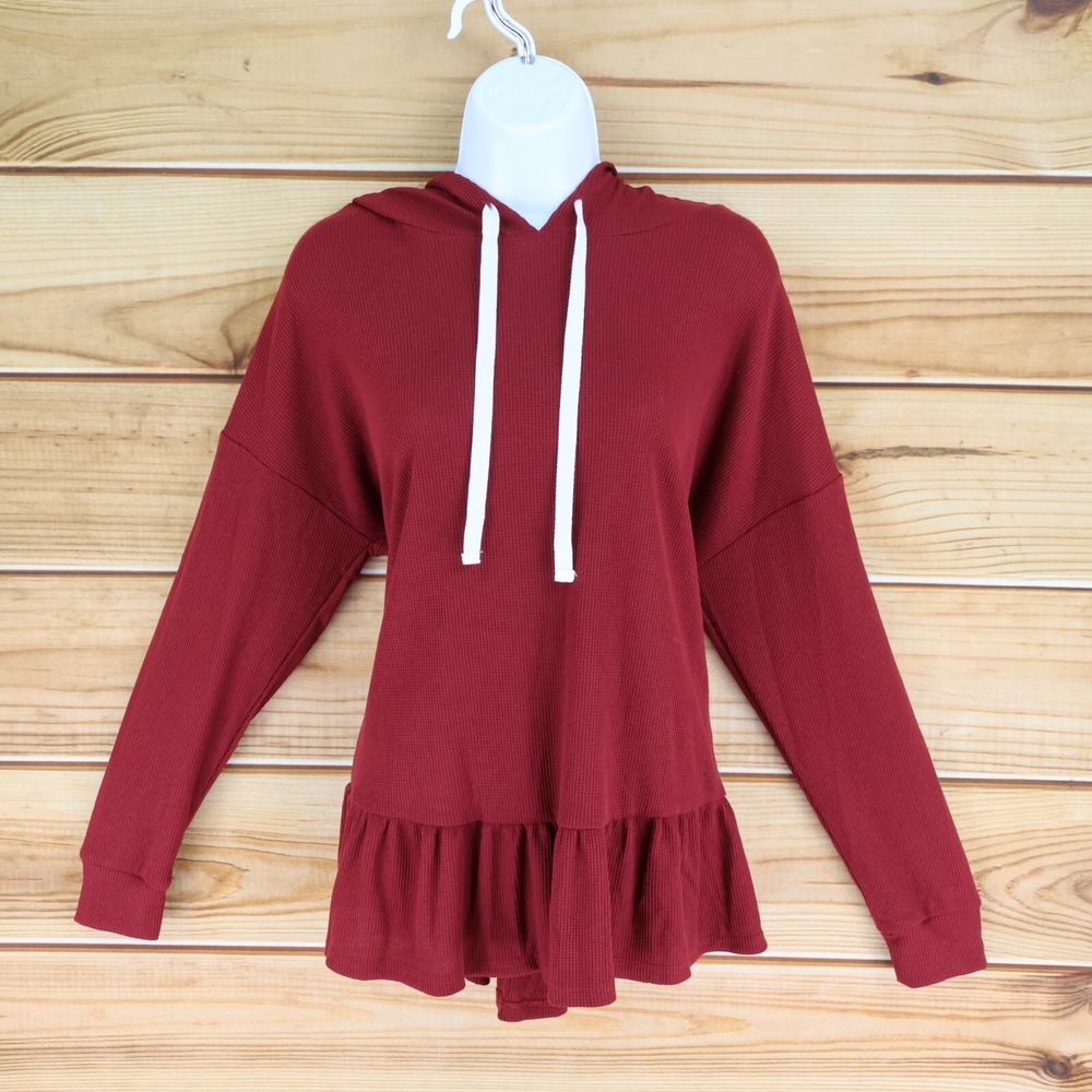 Time And Tru Maternity Hoodie Pullover Womens S Maroon Waffle-Knit Stretch NWT